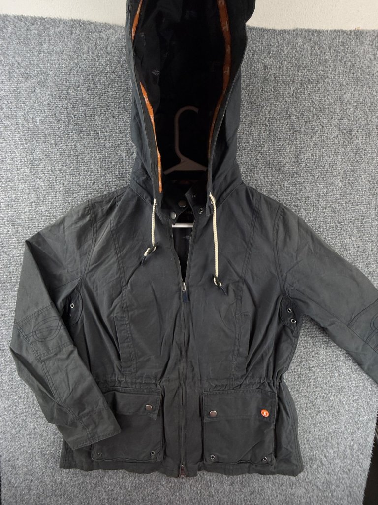 Barbour Chock Wax Jacket Women Hoped Blue Drawstring Size 8 Us Cinch Waist Taper